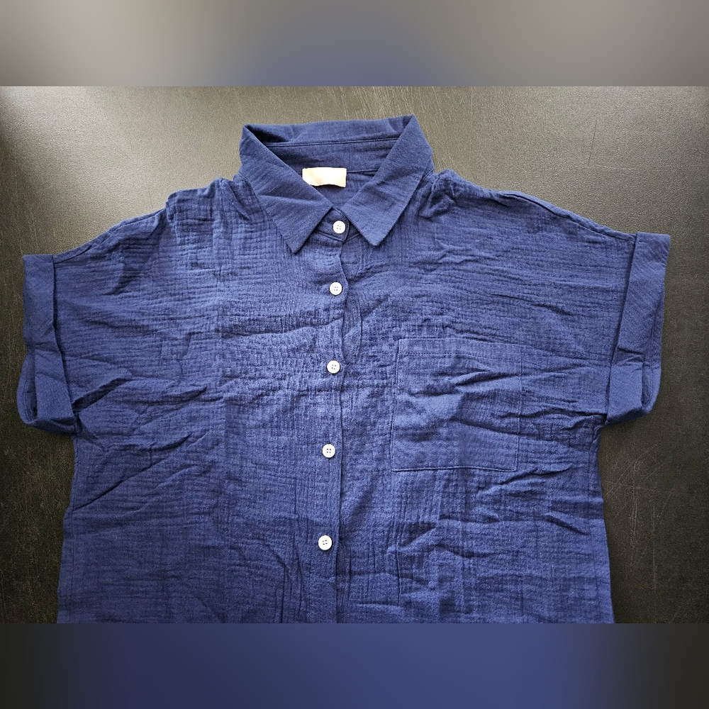 NWT - Boutique - Cotton Dark Blue Textured Button Up Short Sleeve Shirt - Size L - Picture 6 of 13